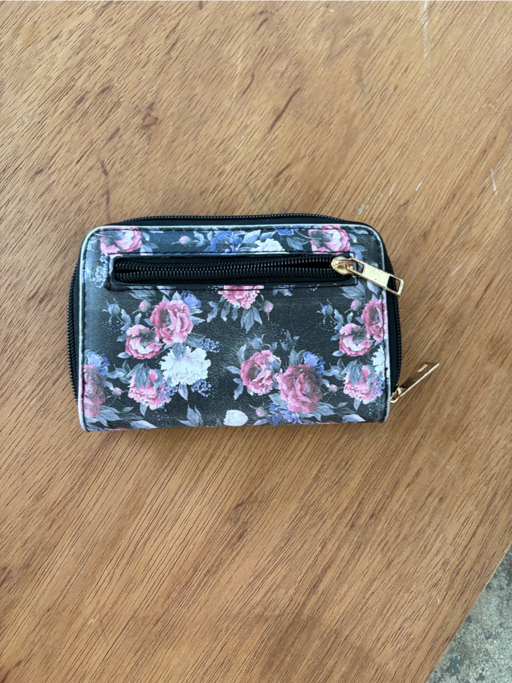 Floral Zip Wallet - Pink Rose Print on Black